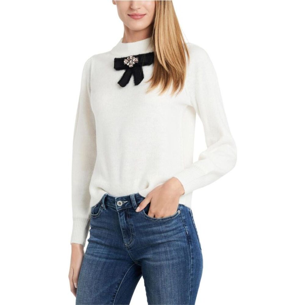 CeCe Womens Bow With Gems Pullover Sweater, Black, XL, DM